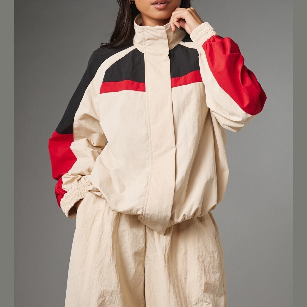 Cream Colorblock Red Black Zip Front Oversized Lightweight Track Jacket